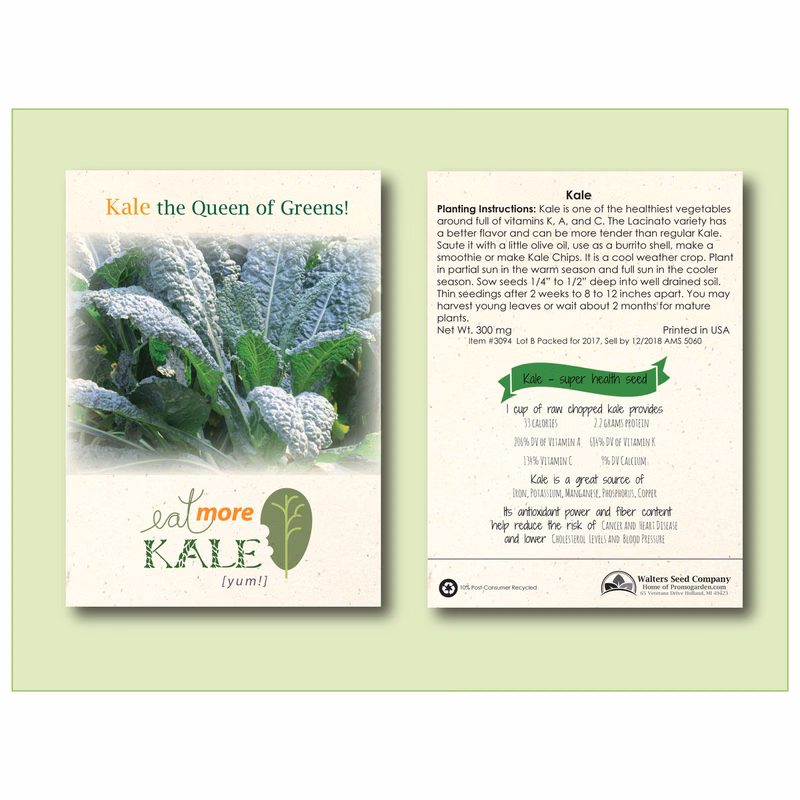 Kale 'Lacinato' Seed Packet - Size 3.25" x 4.5"