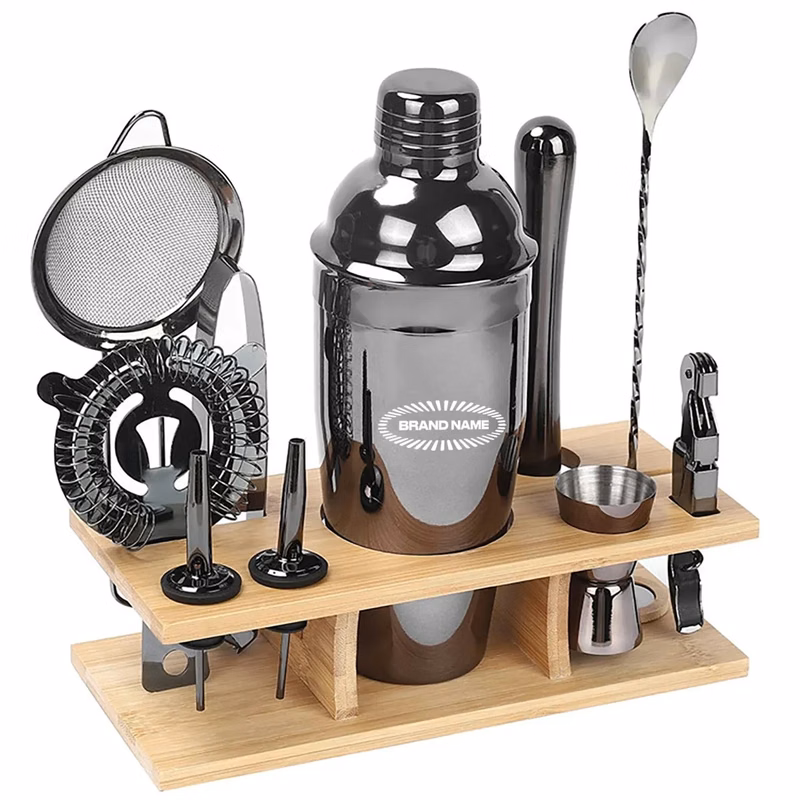 11pcs Cocktail Bartender Shaker Set with Bamboo Stand