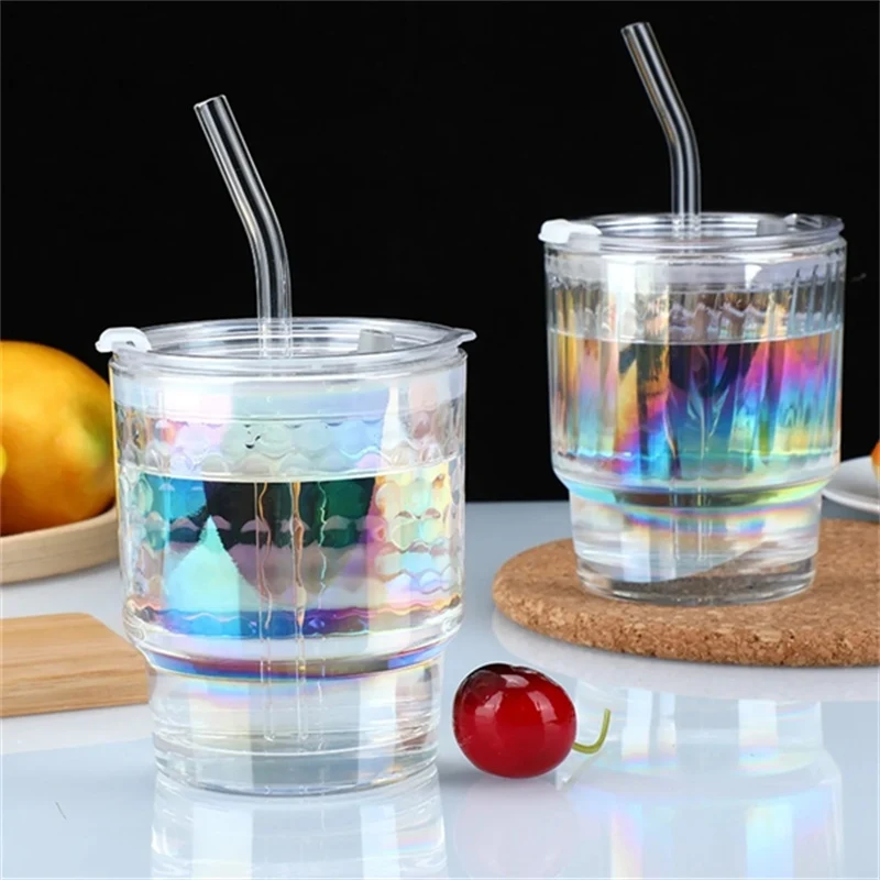 Colorful Glass Coffee Cup Mugs with Lid Straw 14oz 1