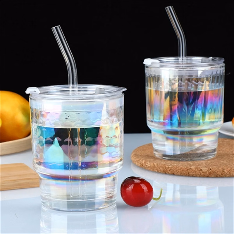 Colorful Glass Coffee Cup Mugs with Lid Straw 14oz