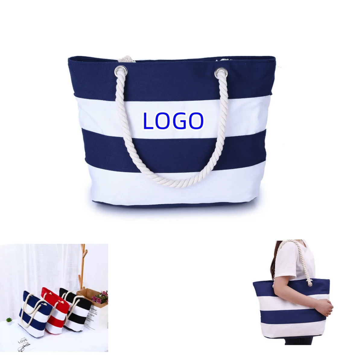 Large Striped Canvas Beach Bag With Cotton Rope Handles, custom tote bag with logo imprint 1