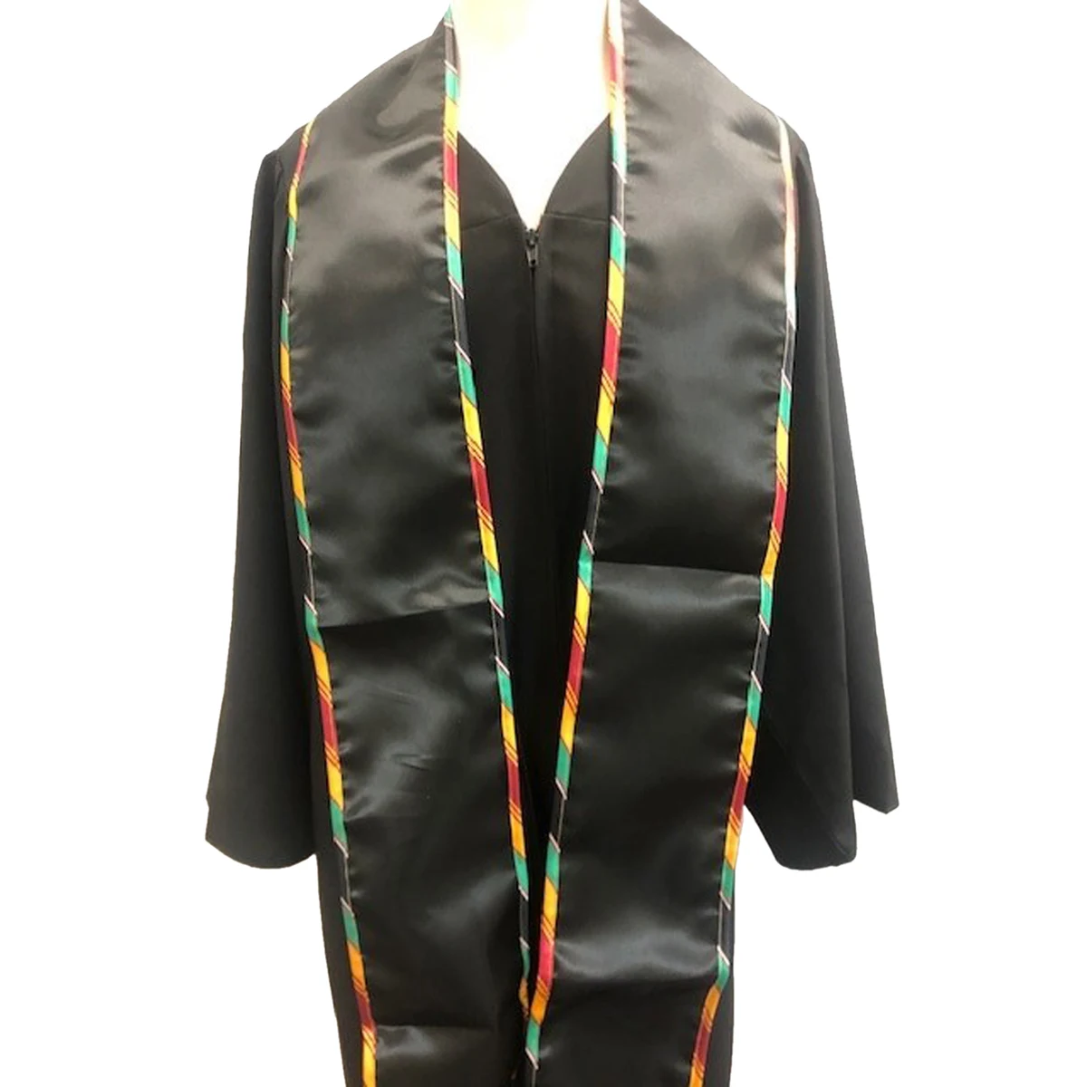 Black 84" Graduation Stole with Kente Binding 1