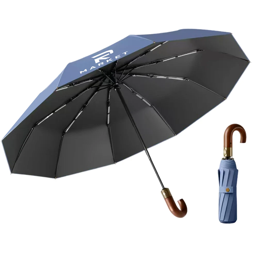 Ergonomic Solid Wood Handle Auto-Folding Umbrella 1
