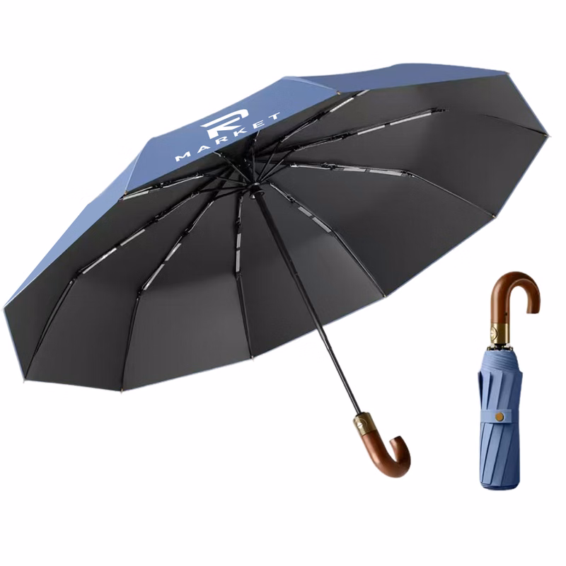 Ergonomic Solid Wood Handle Auto-Folding Umbrella 