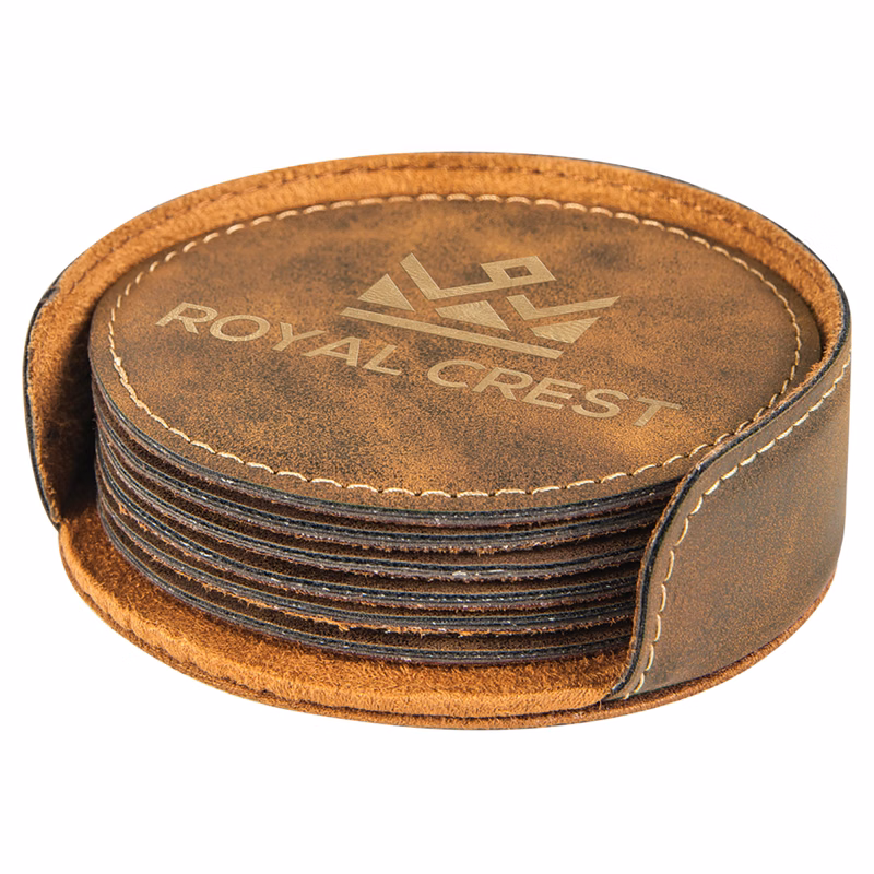 4" Rustic/Gold Round Leatherette 6-Coaster Set