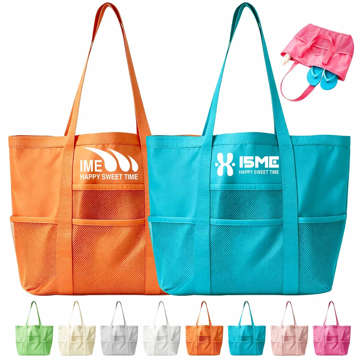 Large Mesh Beach Tote Bag With Pockets, custom tote bag with logo imprint 1