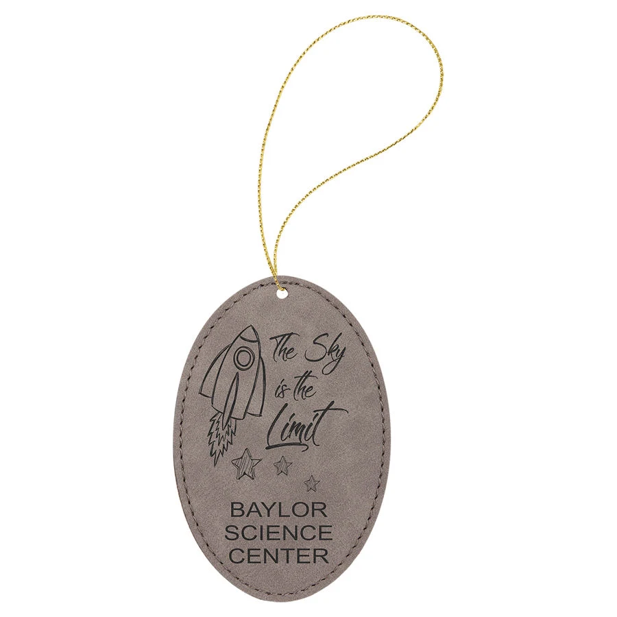 Gray Leatherette Oval Ornament with Gold String 1