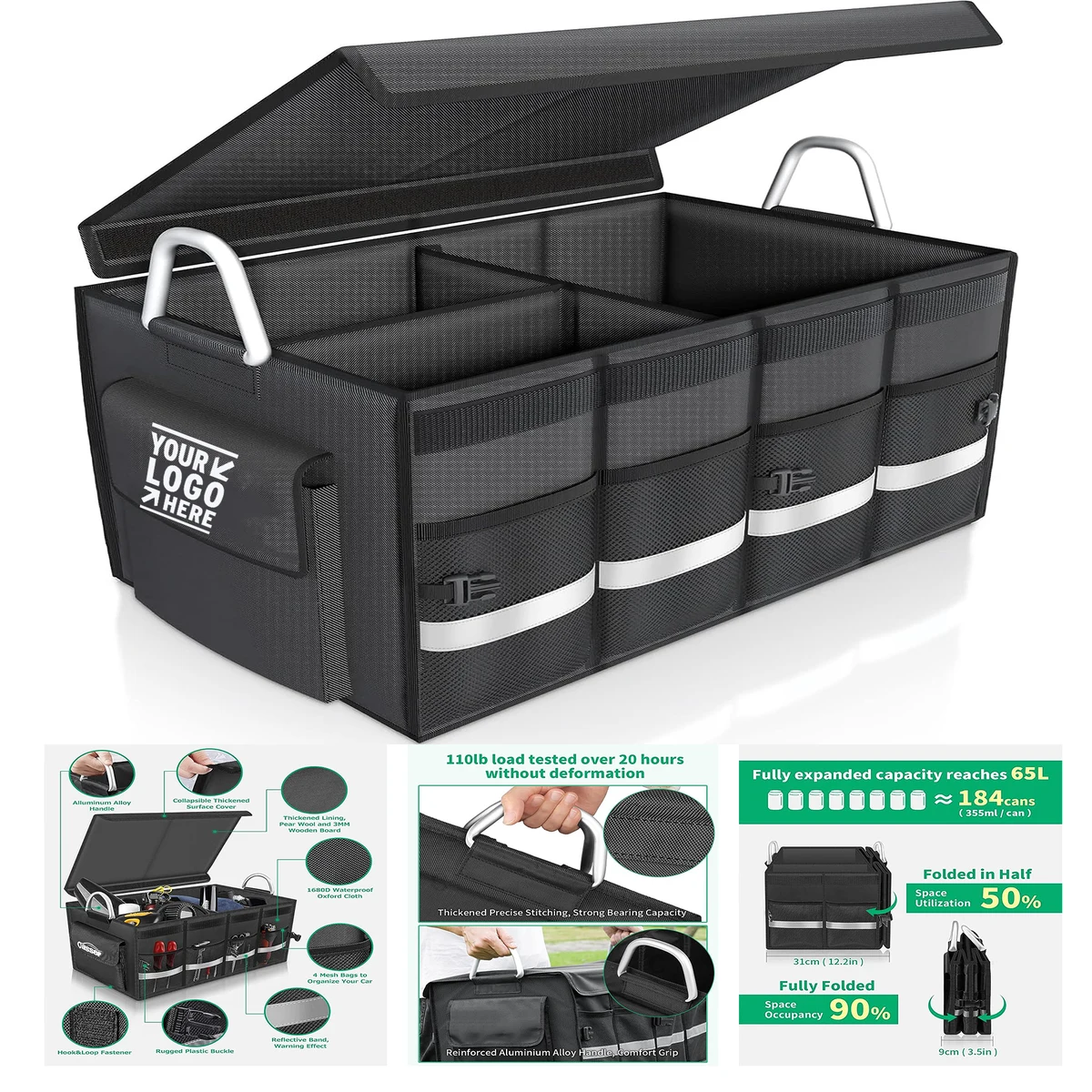 Foldable Portable Cover Aluminium Alloy Handle Reflective Stripe Trunk Cargo Storage Organizer
1