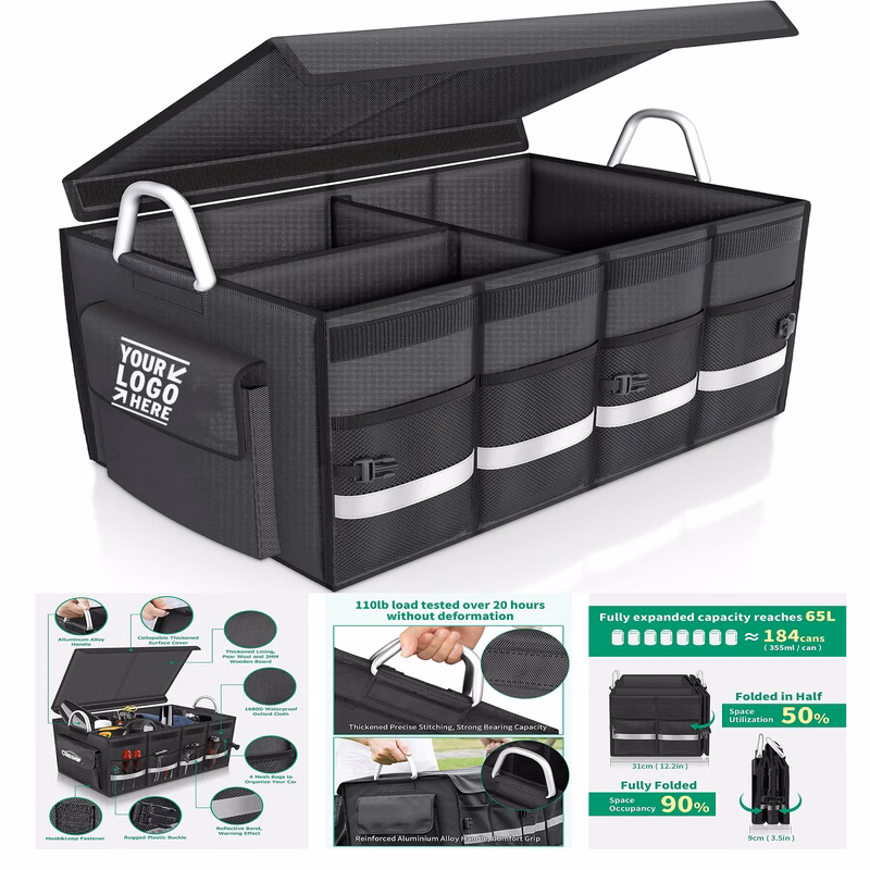 Foldable Portable Cover Aluminium Alloy Handle Reflective Stripe Trunk Cargo Storage Organizer
