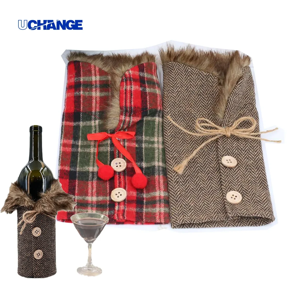Plush Holiday Wine Bottle Cover With Faux Fur Trim 1
