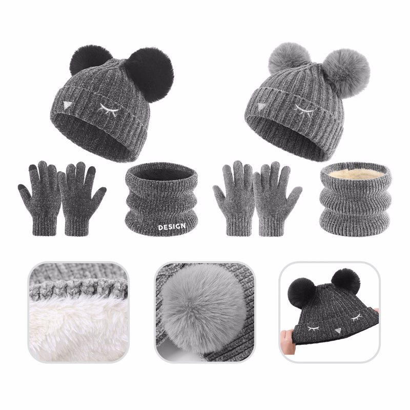 3Pcs Kids Winter Cute Warm Hat Gloves Scarf Set