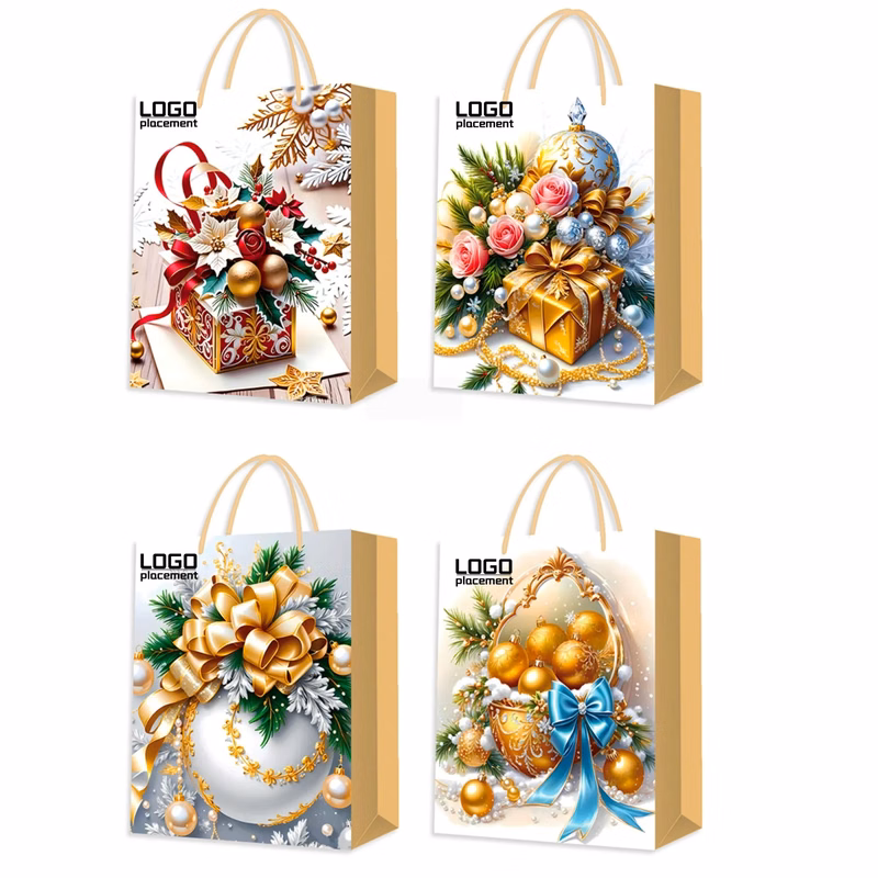 Christmas Gift Bag - Golden Floral Design For Holidays