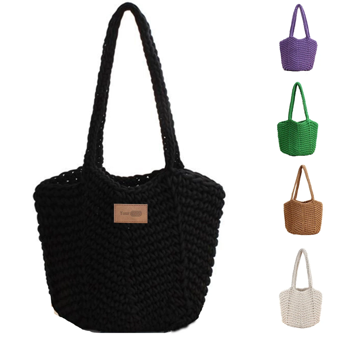 Jute Women Cotton Knitted Tote Bag Mesh Beach Bag, custom tote bag with logo imprint 1