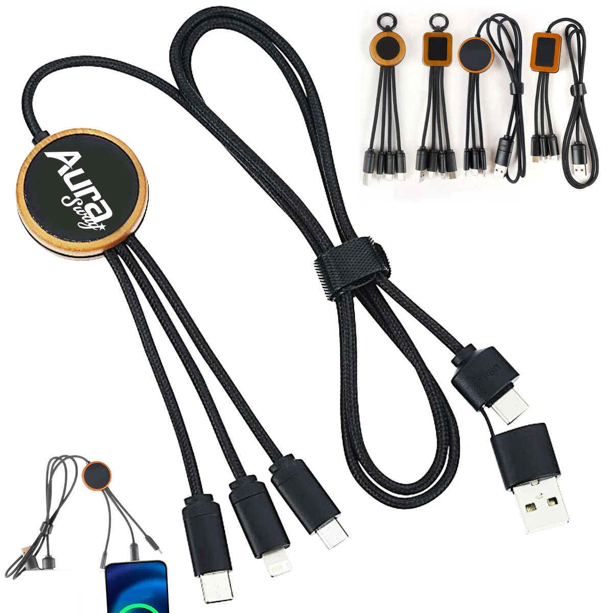 Eco Bamboo 3-in-1 Charging Cable with Glowing 1