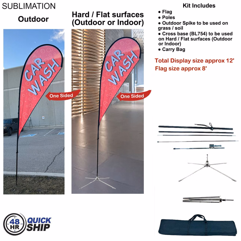 48Hr Quick Ship - 12' Medium Tear Drop Flag Kit, Full Color Graphics One Side, Outdoor & Indoor base