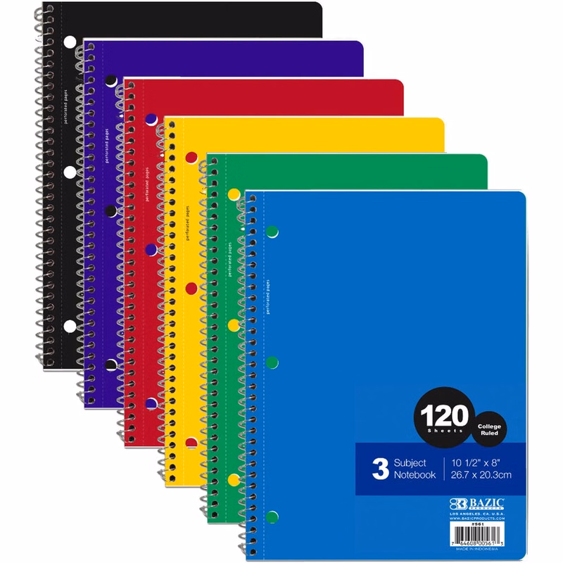 Spiral Notebooks - 120 Sheets 3 Subject College Ruled
