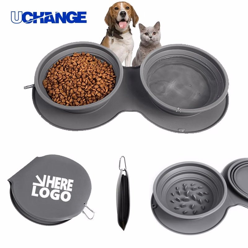 Collapsible Silicone Cat Dog Travel Double Bowl Dish