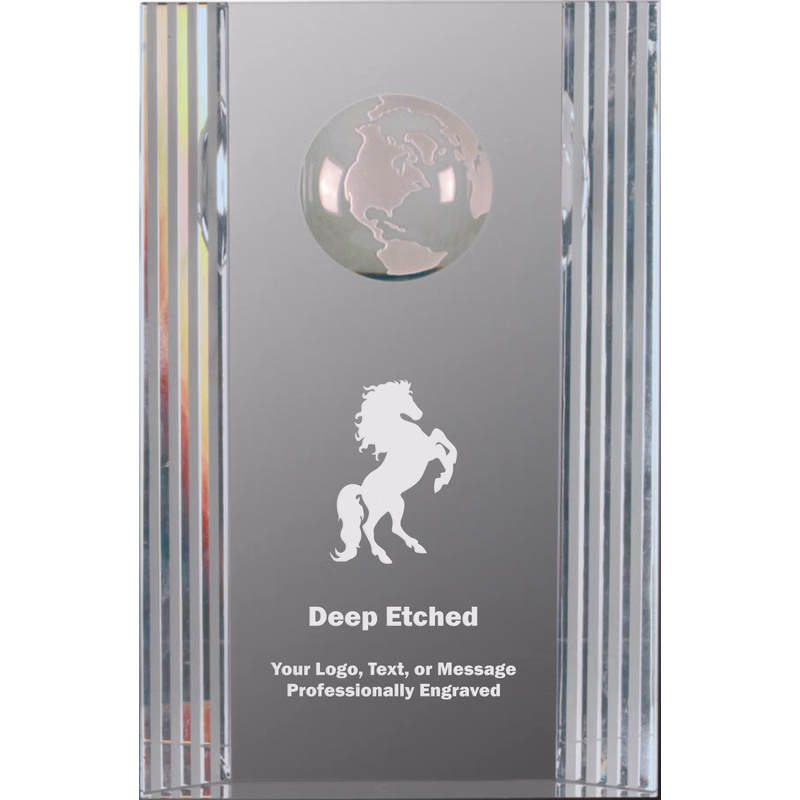 6 1/2" Clear Crystal Rectangle Award with Globe Etching