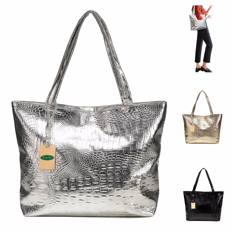 Stylish PU Leather Tote with Croc Texture