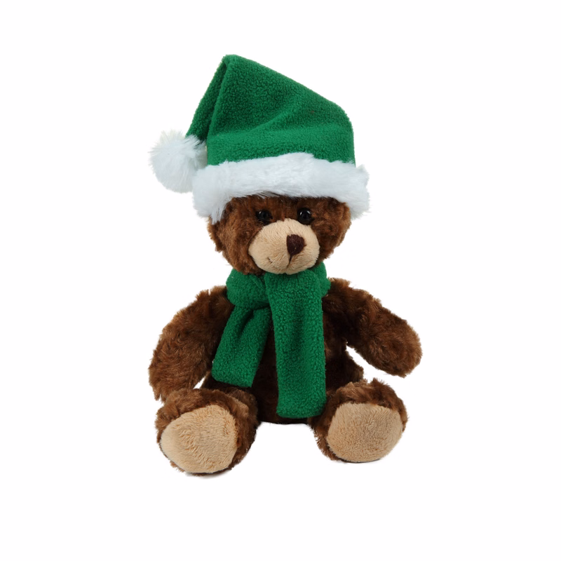 soft plush  Chocolate Curly Sitting Bear with Christmas scarf &hat