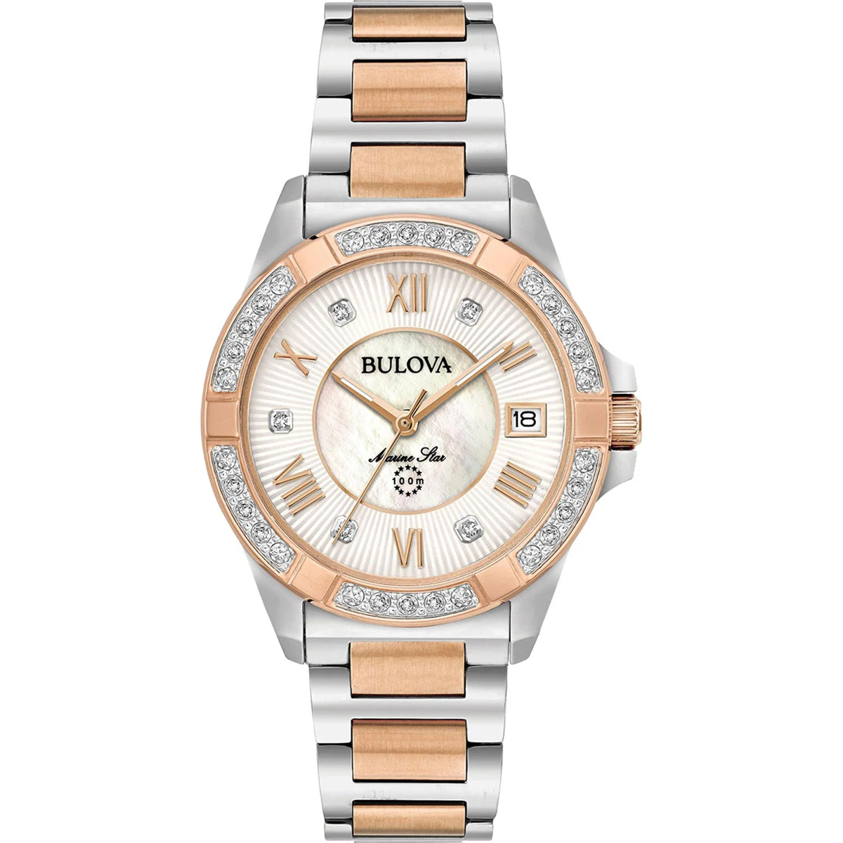Women's Marine Star Diamond White MOP Dial Two Tone Rose Gold Steel Watch 1