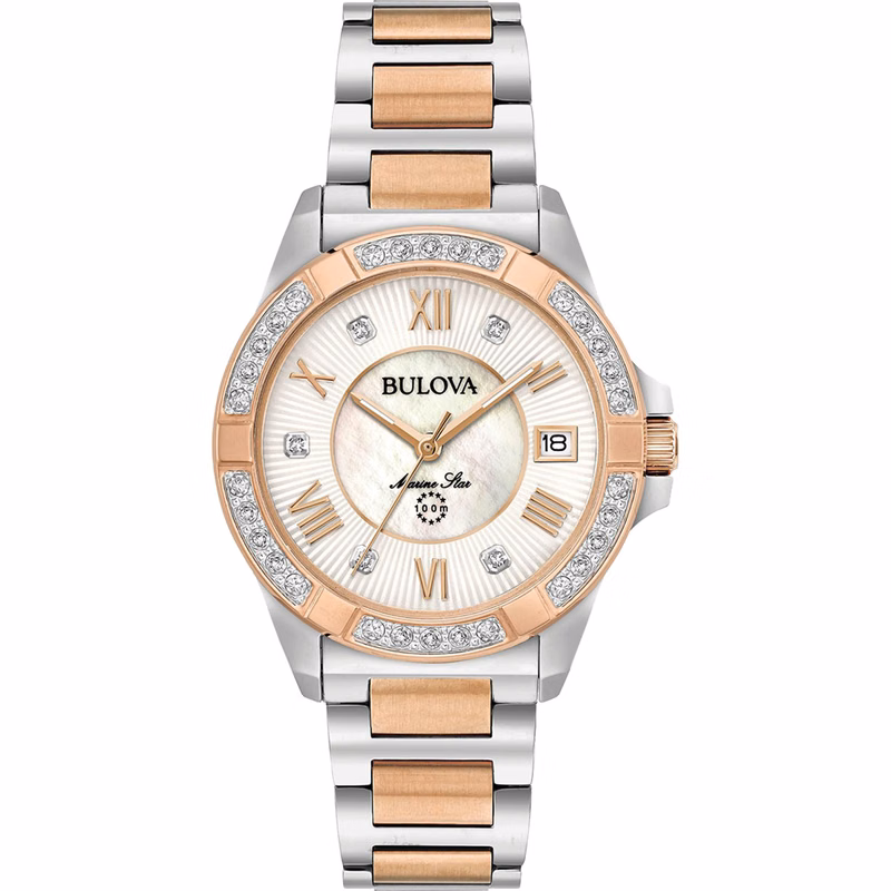 Women's Marine Star Diamond White MOP Dial Two Tone Rose Gold Steel Watch