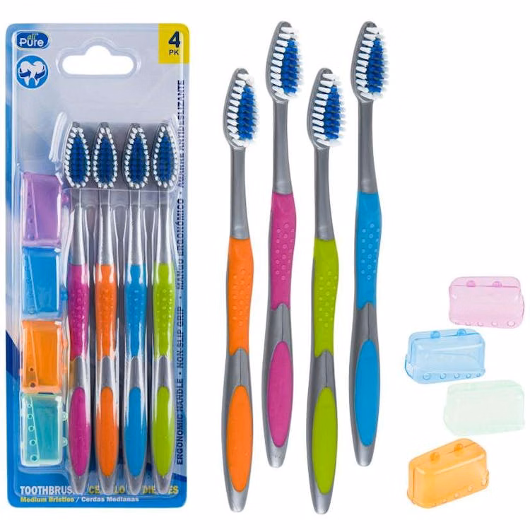 Toothbrushes with Cap - 4 Pack Assorted Colors