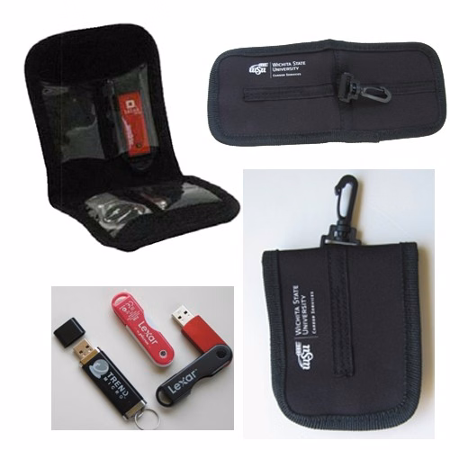 BLACK NEOPRENE USB STORAGE CASE WITH VELCRO FOLDOVER CLOSURE AND CARABINER HOOK