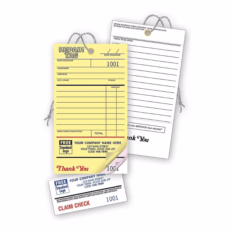 Repair Tags, Invoice with Detachable Claim Check