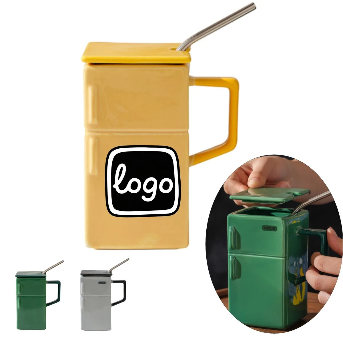 Refrigerator shaped Ceramic Mug with Straw 19oz 1