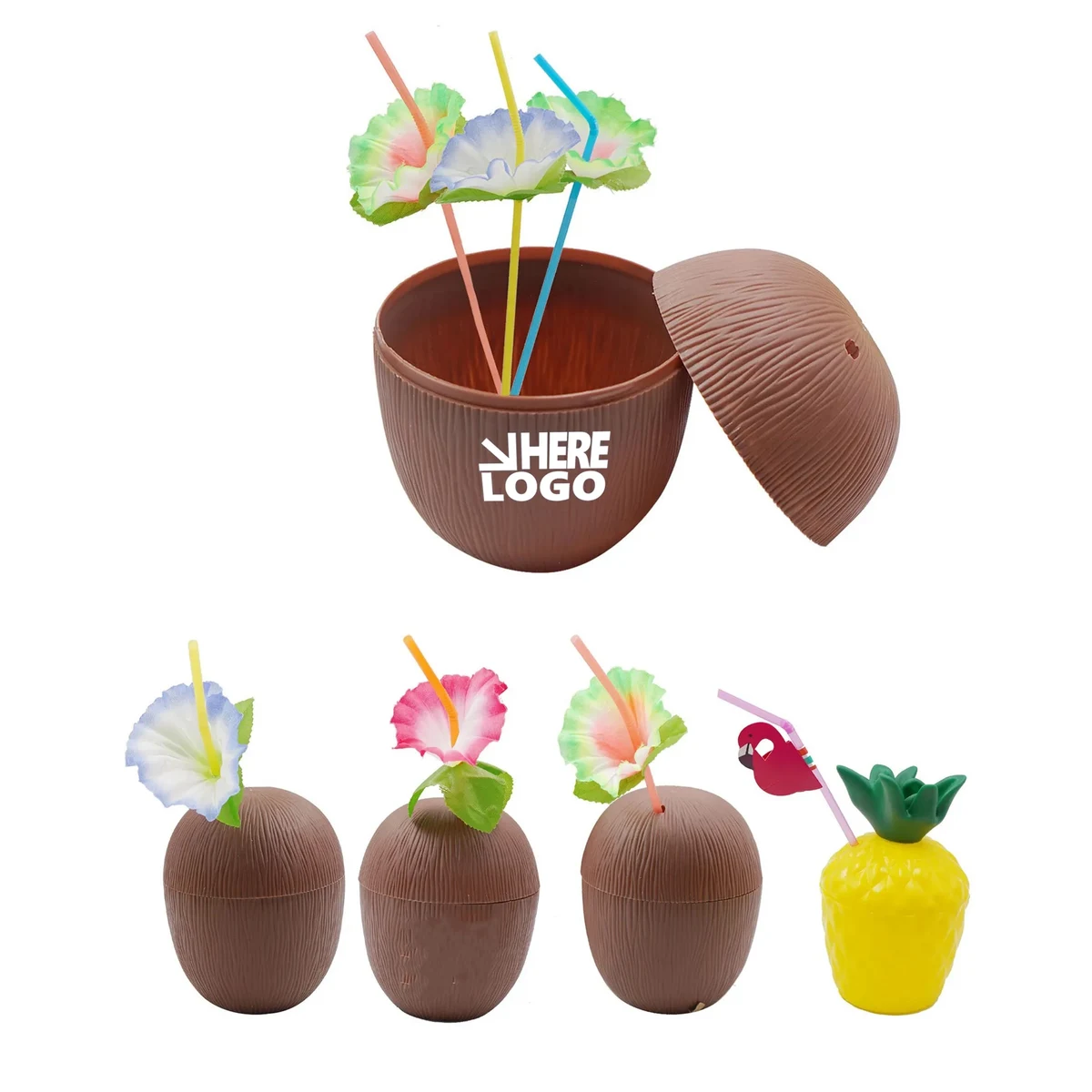 Hawaiian Themed Coconut Cups with Flower Straws MOQ50 1