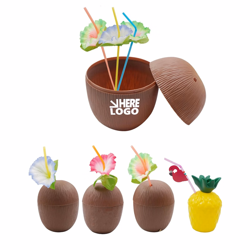 Hawaiian Themed Coconut Cups with Flower Straws MOQ50