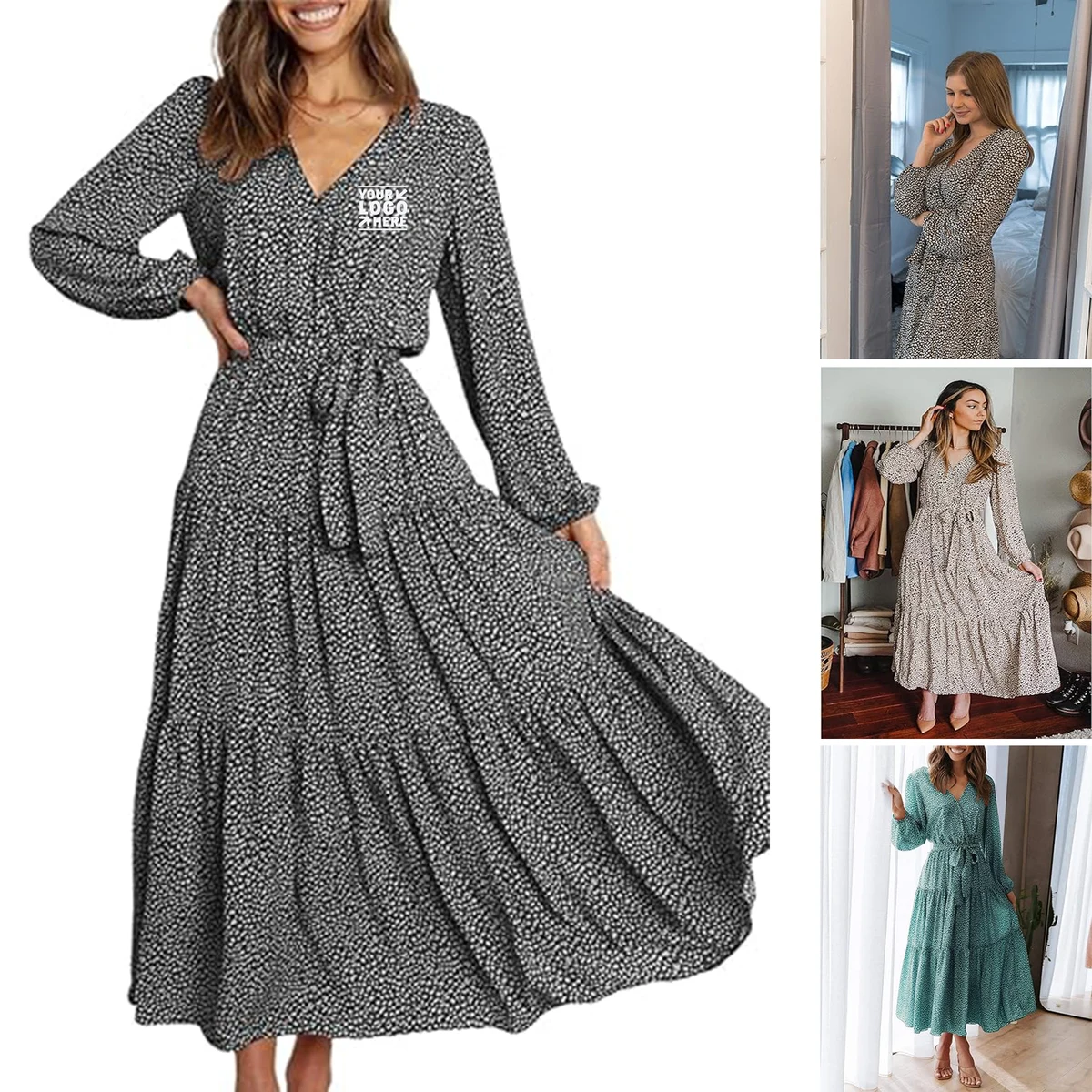 Women's 2023 Fall Long Sleeve V Neck Ruffle Maxi Casual Tie Waist Boho Chiffon Flowy Dresses 1