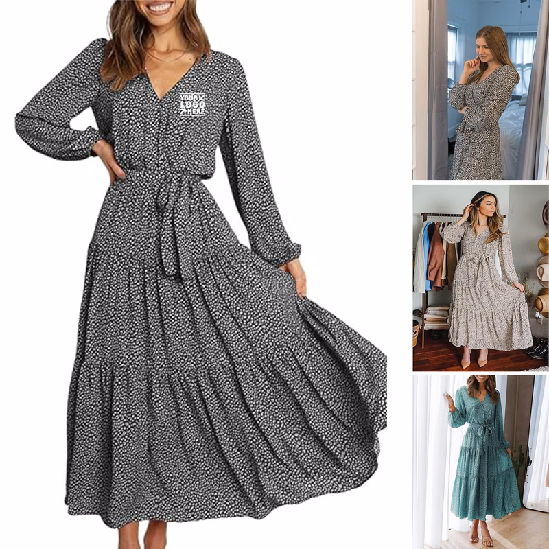 Women's 2023 Fall Long Sleeve V Neck Ruffle Maxi Casual Tie Waist Boho Chiffon Flowy Dresses