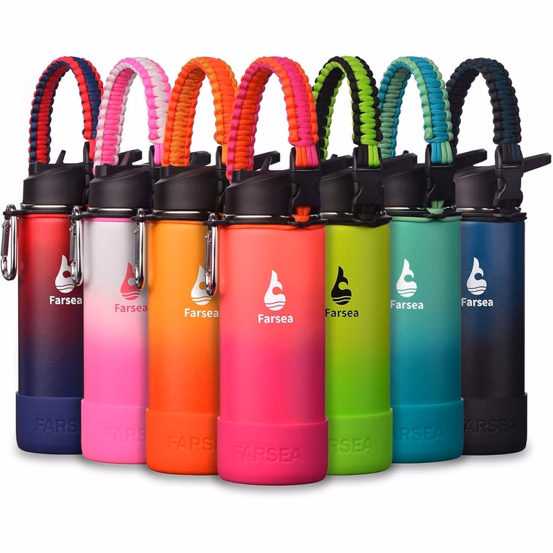 Insulated Water Bottle With Paracord Handle,Protective Silicone Boot and 2 Lids (Straw Lid & Spout)