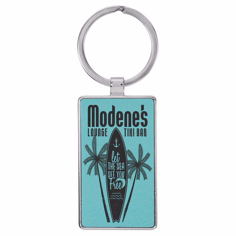 2 3/4" x 1 1/4" Leatherette/Metal Teal Rectangle Keychain
