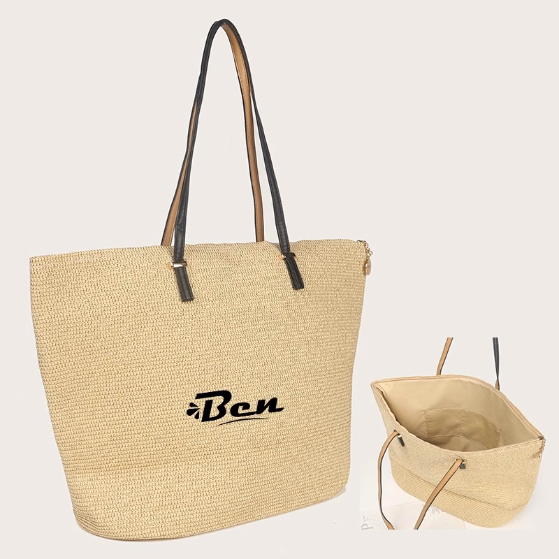 Zipper Top Large Straw Tote Bag