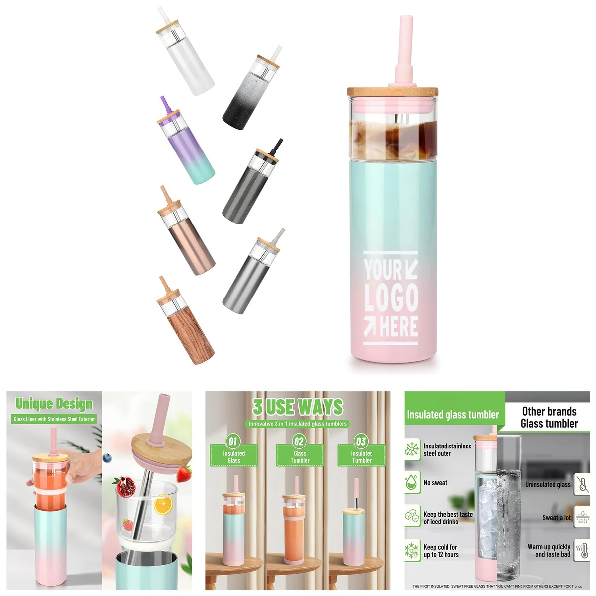 20 oz Insulated Glass Tumbler with Straw and Lid 1
