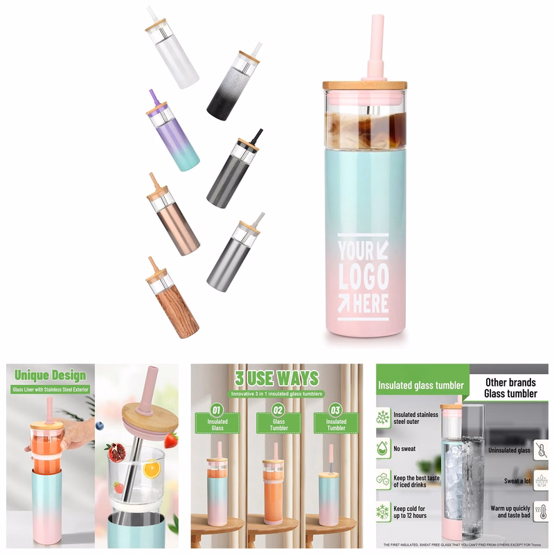20 oz Insulated Glass Tumbler with Straw and Lid