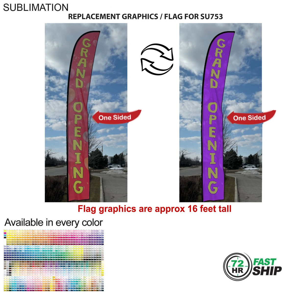 72Hr Fast Ship - Replacement Flag for 19' X-Large Feather Flag Kit, Full Color Graphics One Side 1