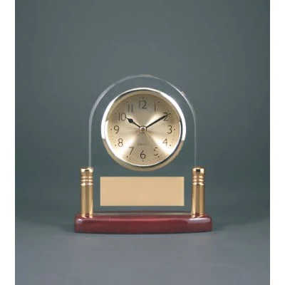 6 1/2" Arch Glass Desk Clock with Metal Posts & Rosewood Piano Finish 1