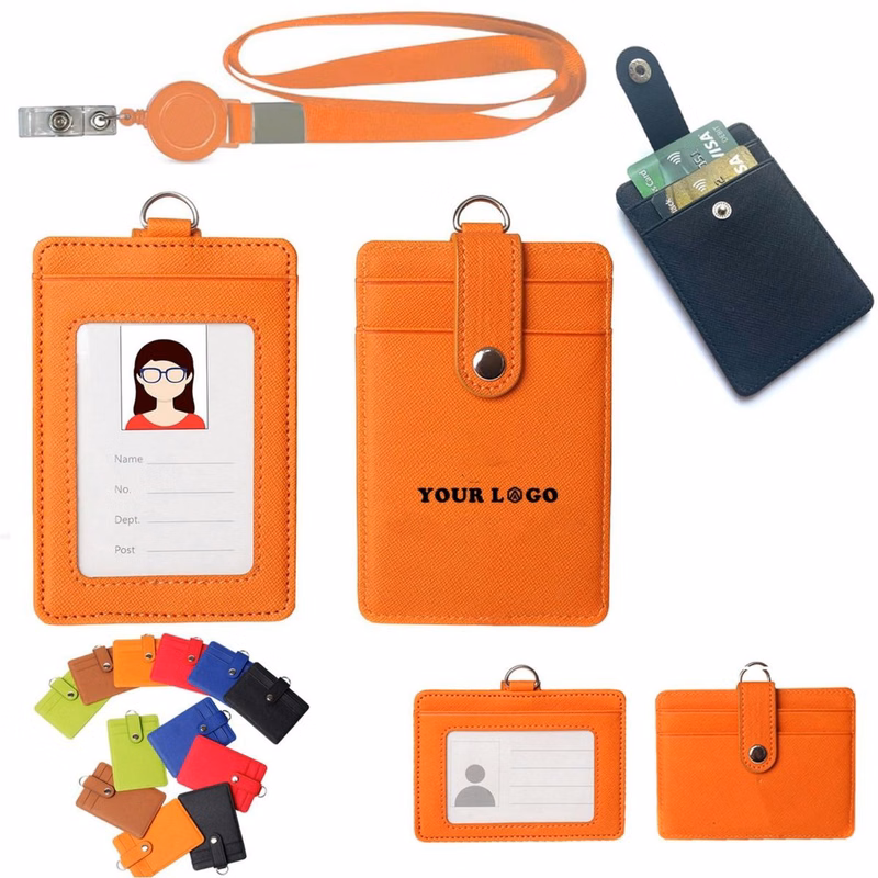 PU Leather ID Card Holder With Retractable Lanyard