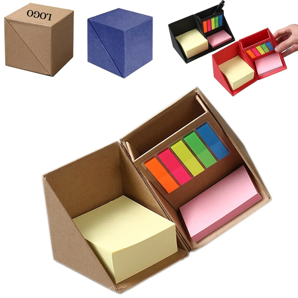 Folding Sticky Notes Cube Box With Pen Holder, custom desk accessory with logo imprint 1