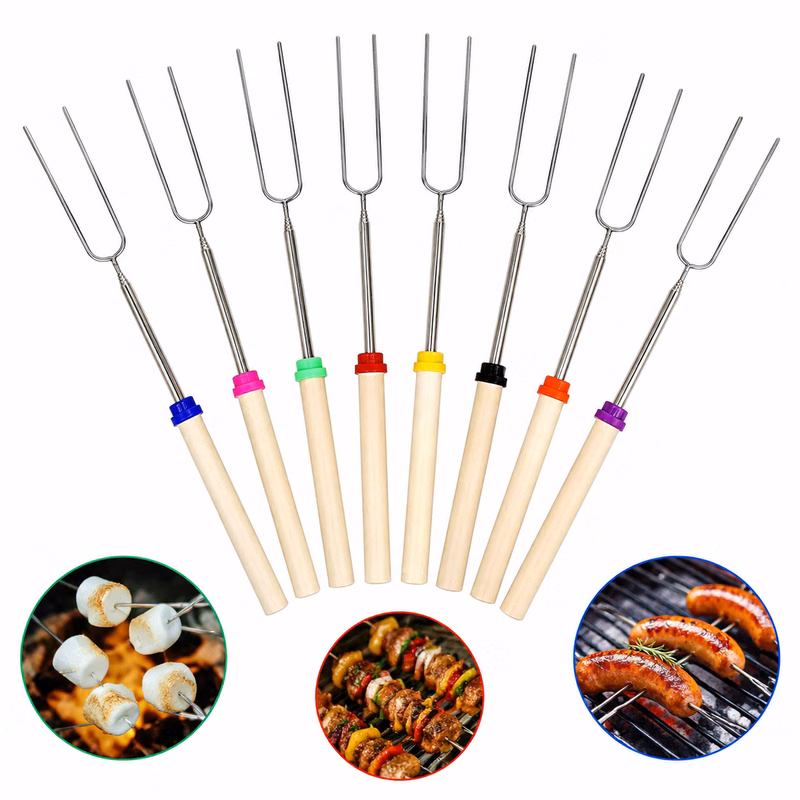 Portable Telescopic Barbecue Fork Stainless With Wood Grip