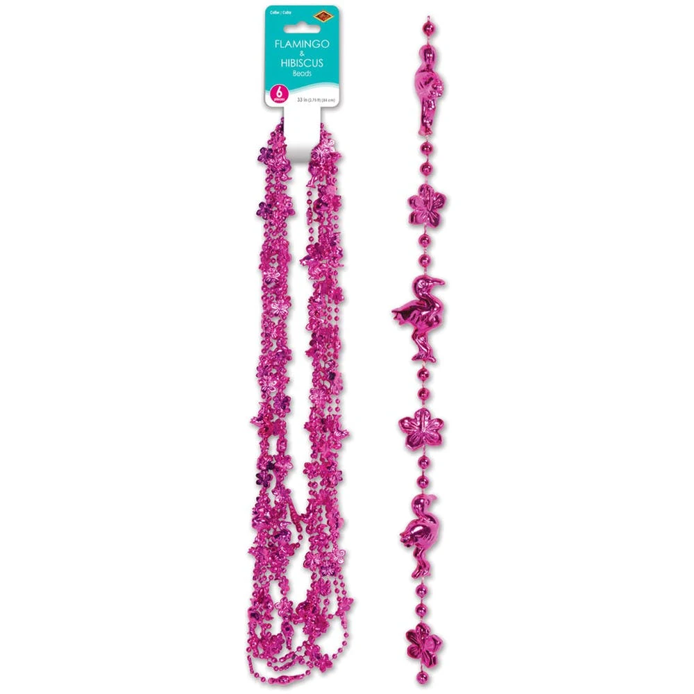 Flamingo & Hibiscus Beads - Pink 33" 6 Pack 1