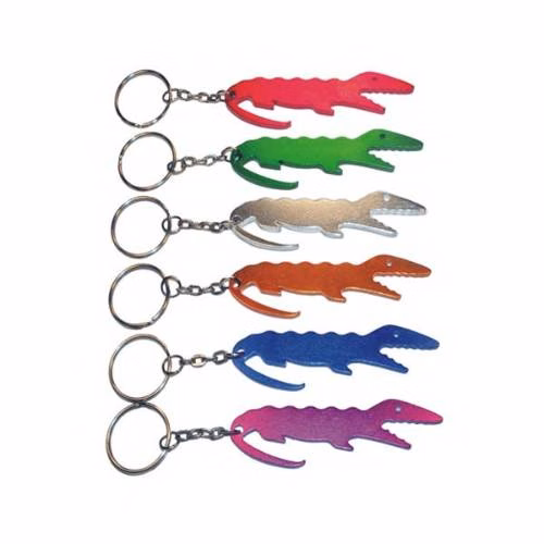 Alligator shape bottle opener with key chain.