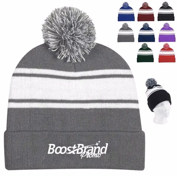 Custom Striped Knit Beanie with Fold-Up Cuff and Pom-Pom — Sports Team Spirit Gear