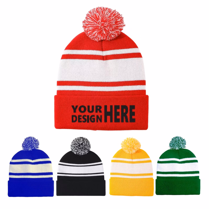 Color Block Knit Hat With PomPom