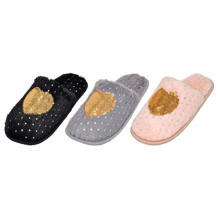Women's Fuzzy Slippers - Sequin Hearts