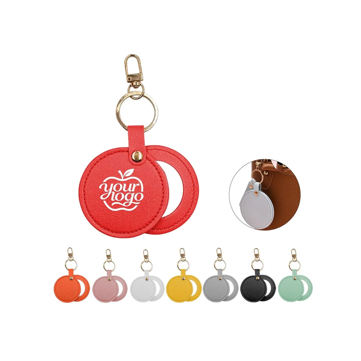 Round PU Leather Portable Cosmetic Mirror Keychain 1